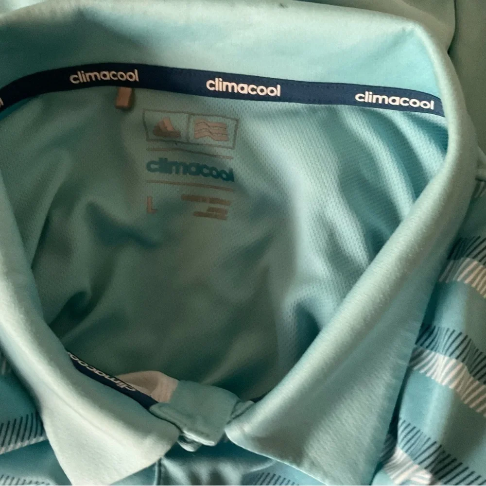 Men’s used Adidas Clima Cool size L Large polo shirt green blue striped